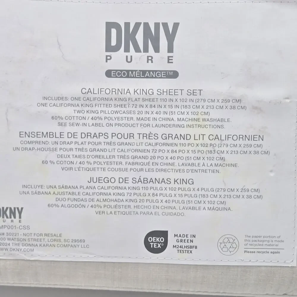 DKNY Pure California King Sheet Set 4pc Eco Melange BEIGE ECRU NEW Cotton/Poly